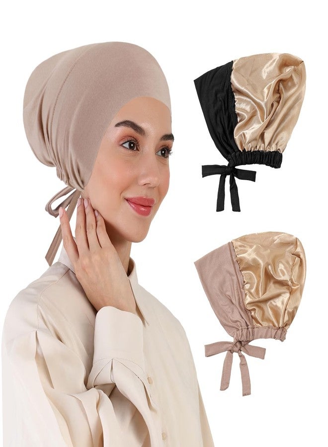 XEPST 2 PCS Hijab Undercap for Women, Satin Undercap for Hijab Islamic Muslim Under Hijabcap Modal Head Wraps Tie Back Bonnet Inner Head Scarf Turbans for Women Chemo Hat Sleep Cap, Black+Khaki - Image 1